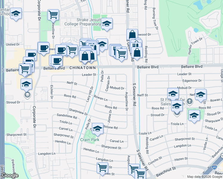 map of restaurants, bars, coffee shops, grocery stores, and more near 8903 Neff Street in Houston
