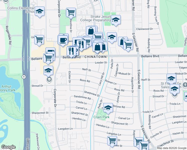 map of restaurants, bars, coffee shops, grocery stores, and more near 9219 Rowan Lane in Houston