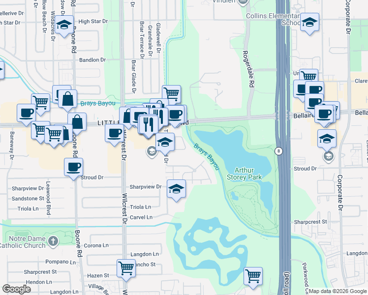 map of restaurants, bars, coffee shops, grocery stores, and more near 6887 Turtlewood Drive in Houston