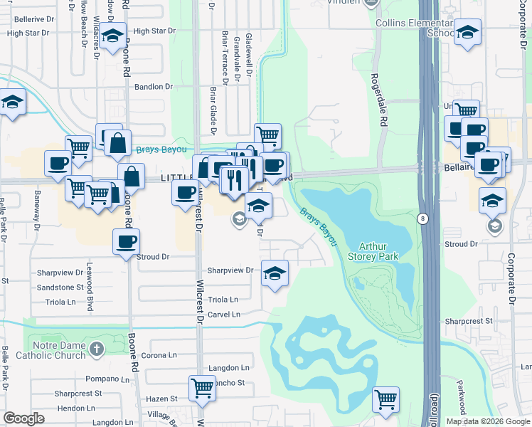 map of restaurants, bars, coffee shops, grocery stores, and more near 6887 Turtlewood Drive in Houston