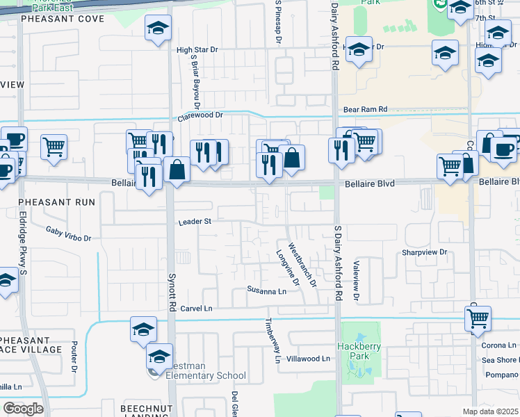 map of restaurants, bars, coffee shops, grocery stores, and more near 12809 Westbranch Court in Houston