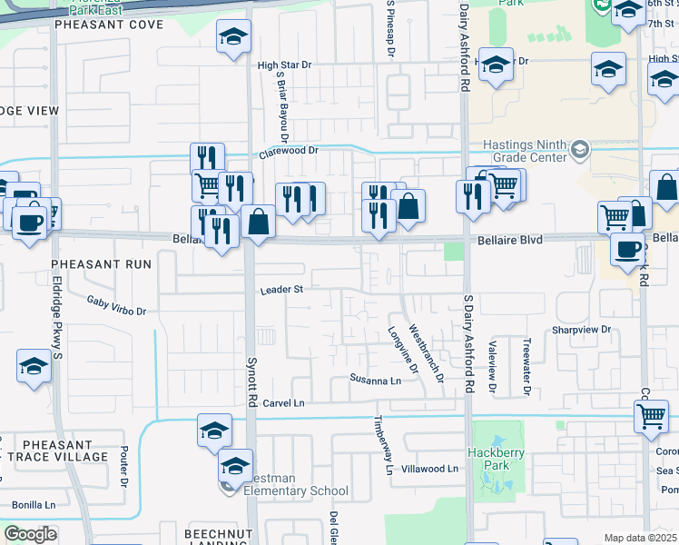 map of restaurants, bars, coffee shops, grocery stores, and more near 13000 Leader Street in Houston
