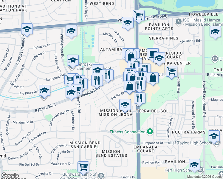 map of restaurants, bars, coffee shops, grocery stores, and more near 14815 El Grande Drive in Houston