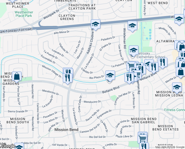 map of restaurants, bars, coffee shops, grocery stores, and more near 15511 Rio Plaza Drive in Houston