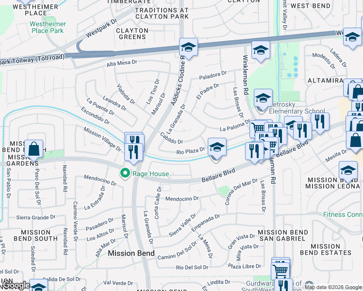 map of restaurants, bars, coffee shops, grocery stores, and more near 15511 Rio Plaza Drive in Houston
