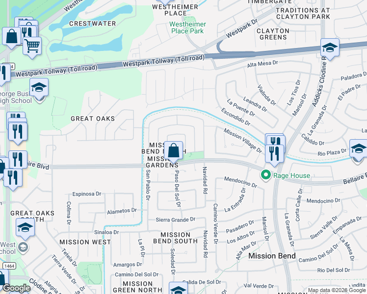 map of restaurants, bars, coffee shops, grocery stores, and more near 16278-16298 San Dario Drive in Houston