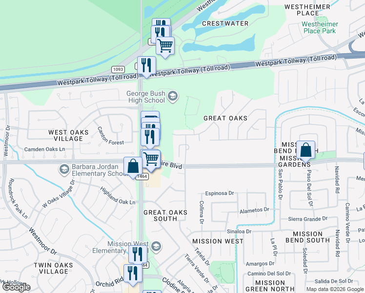 map of restaurants, bars, coffee shops, grocery stores, and more near 16938 Hampton Glen Court in Houston