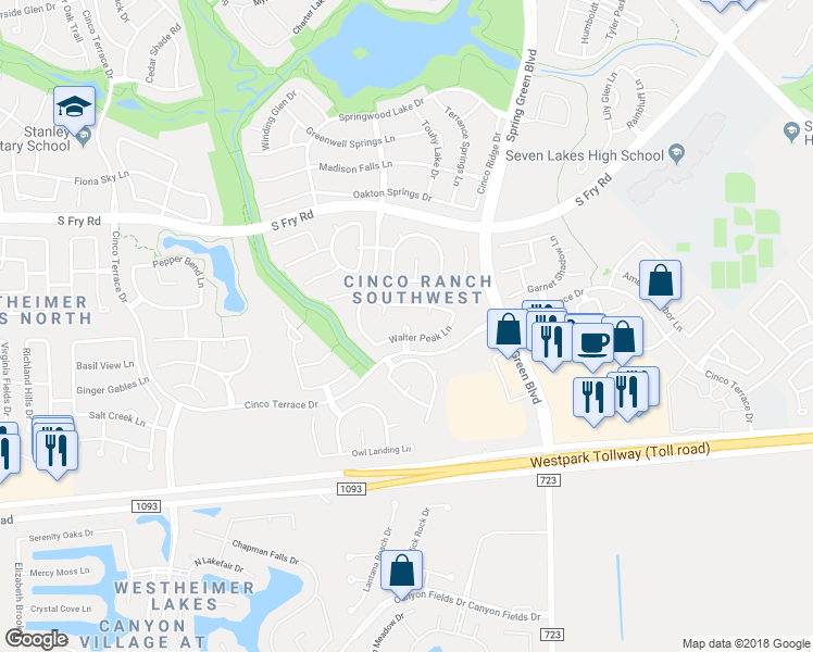 map of restaurants, bars, coffee shops, grocery stores, and more near 9826 Orchid Spring Lane in Katy