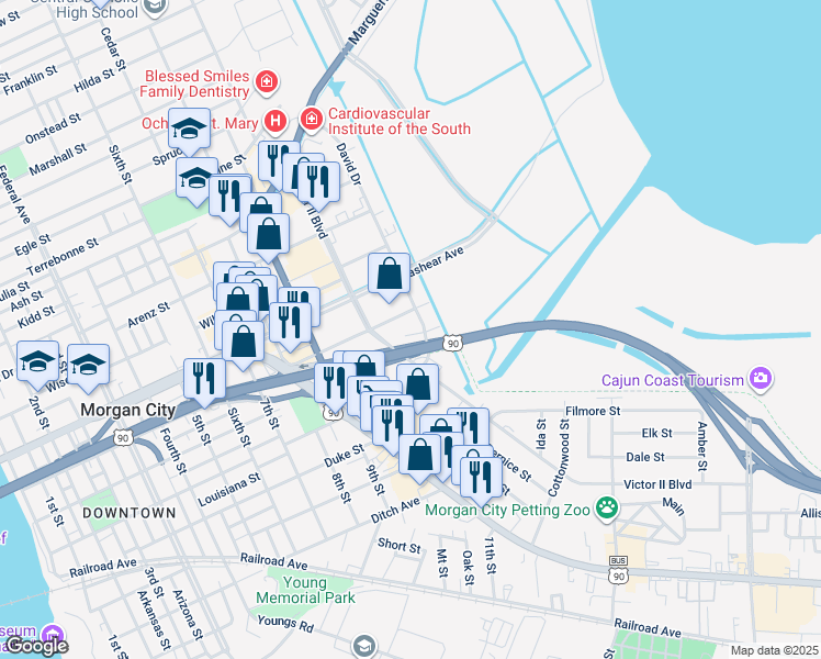 map of restaurants, bars, coffee shops, grocery stores, and more near 735 David Drive in Morgan City