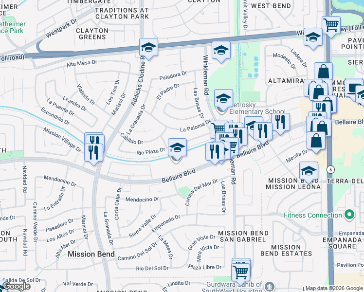 map of restaurants, bars, coffee shops, grocery stores, and more near 15307 Rio Plaza Drive in Houston