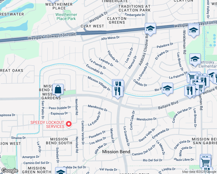 map of restaurants, bars, coffee shops, grocery stores, and more near 15814 Mission Village Drive in Houston