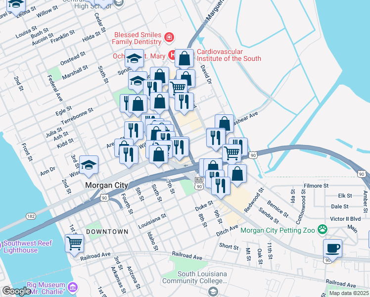 map of restaurants, bars, coffee shops, grocery stores, and more near 1005 Greenwood St in Morgan City