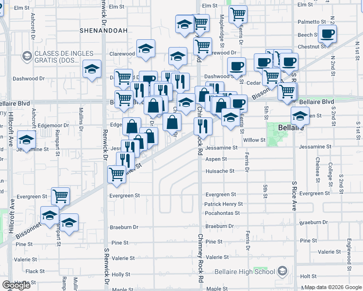 map of restaurants, bars, coffee shops, grocery stores, and more near 5518 Jessamine Street in Houston