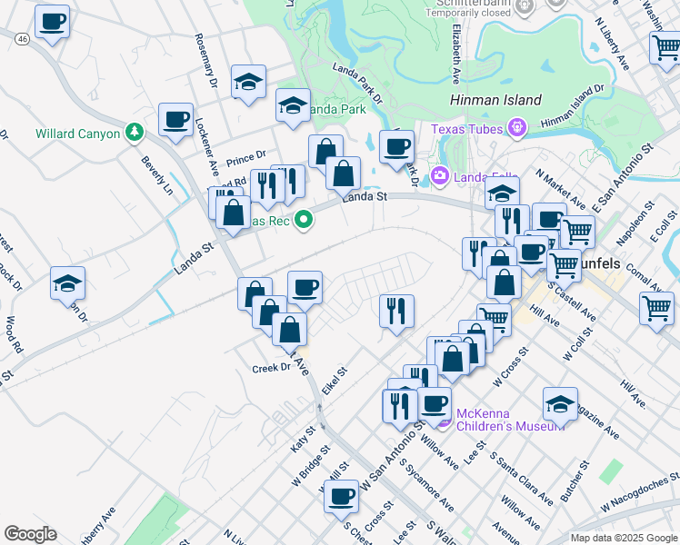 map of restaurants, bars, coffee shops, grocery stores, and more near 902 North Academy Avenue in New Braunfels