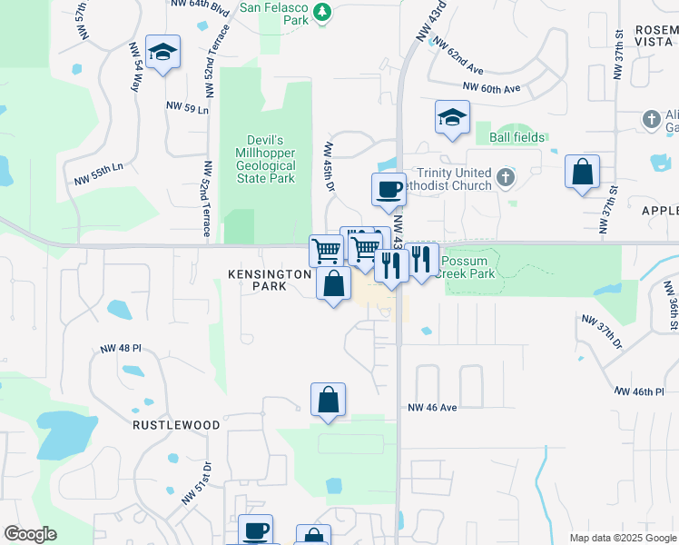 map of restaurants, bars, coffee shops, grocery stores, and more near 4607 NW 53rd St in Gainesville