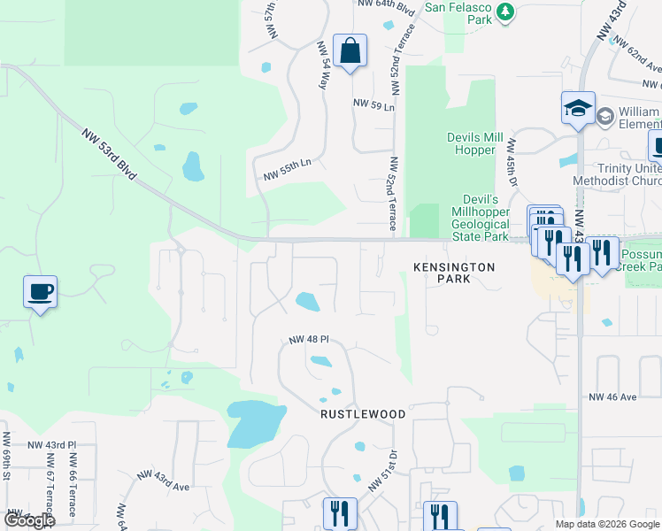 map of restaurants, bars, coffee shops, grocery stores, and more near 5502 Northwest 51st Avenue in Gainesville