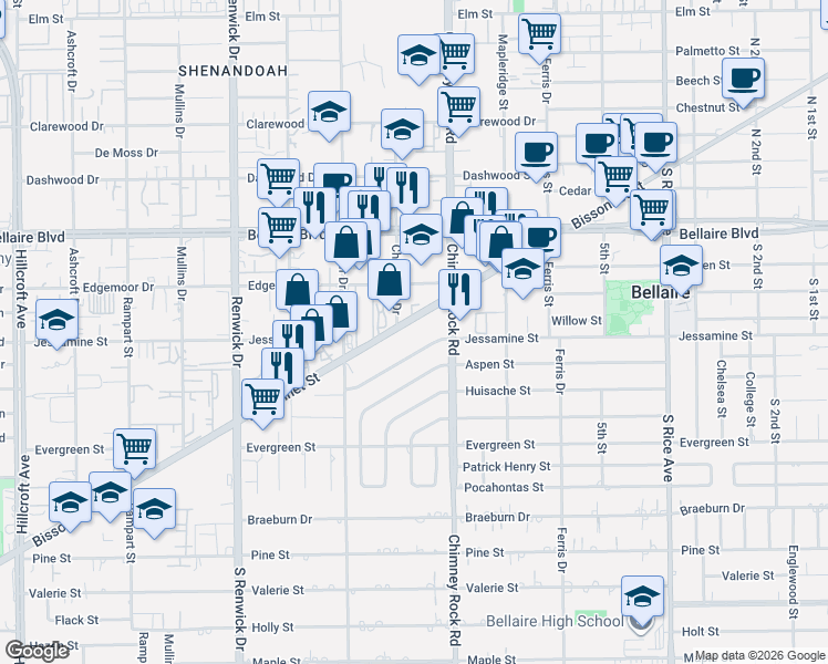 map of restaurants, bars, coffee shops, grocery stores, and more near 5518 Jessamine Street in Houston