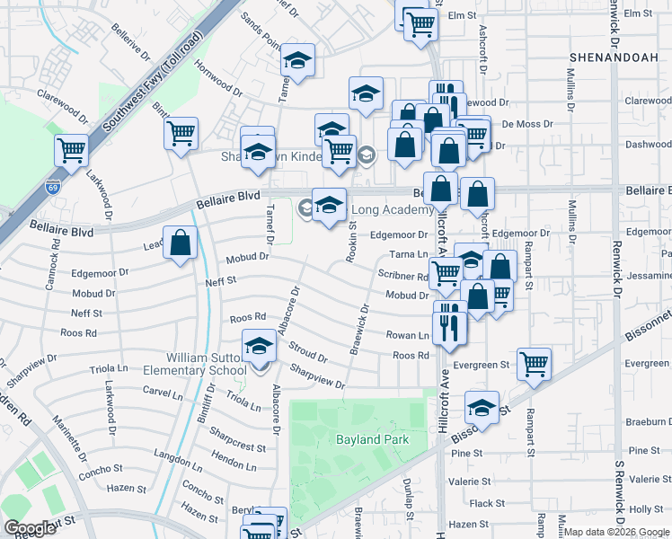 map of restaurants, bars, coffee shops, grocery stores, and more near 6521 Mobud Drive in Houston