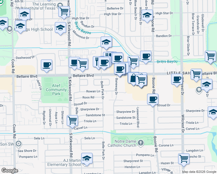 map of restaurants, bars, coffee shops, grocery stores, and more near 11511 Rowan Lane in Houston