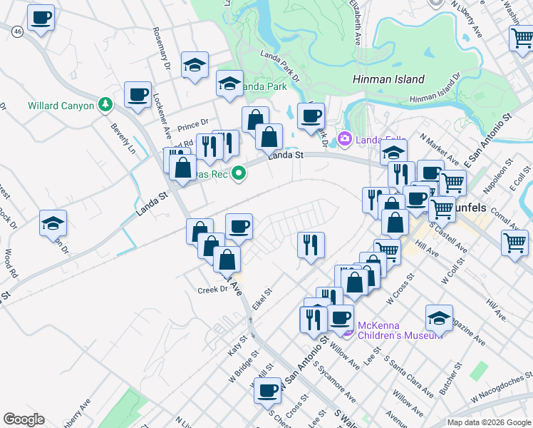 map of restaurants, bars, coffee shops, grocery stores, and more near 602 North Guenther Avenue in New Braunfels