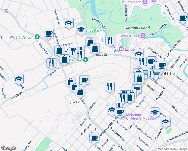 map of restaurants, bars, coffee shops, grocery stores, and more near 902 North Academy Avenue in New Braunfels