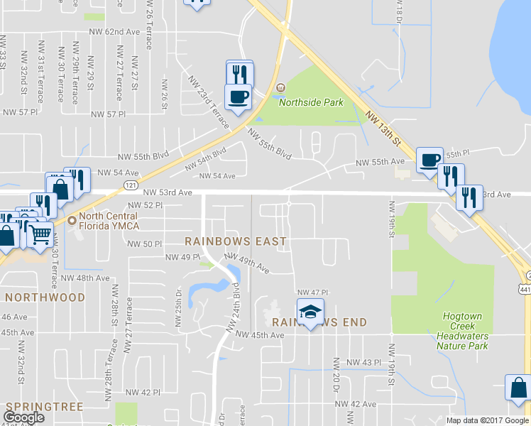 map of restaurants, bars, coffee shops, grocery stores, and more near 2274 Northwest 51st Avenue in Gainesville