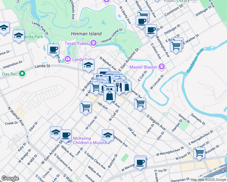 map of restaurants, bars, coffee shops, grocery stores, and more near 205 S Castell Ave in New Braunfels