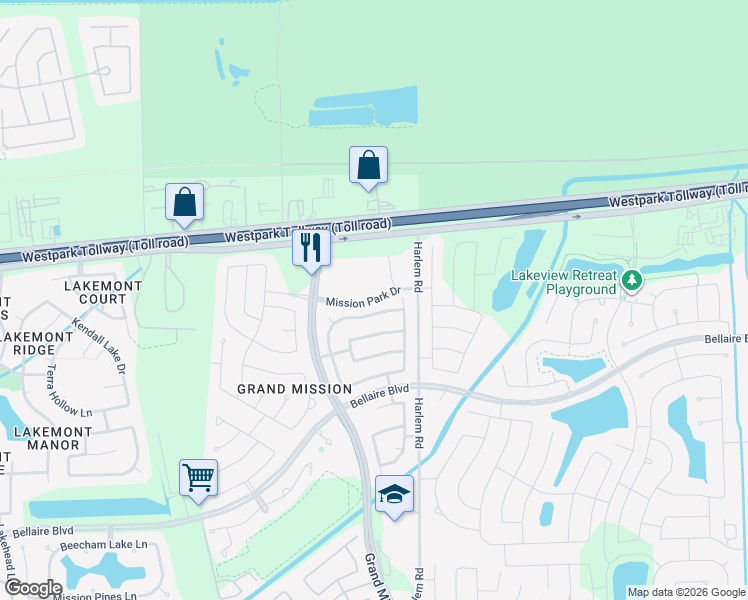 map of restaurants, bars, coffee shops, grocery stores, and more near Mission Park Drive in Fort Bend County