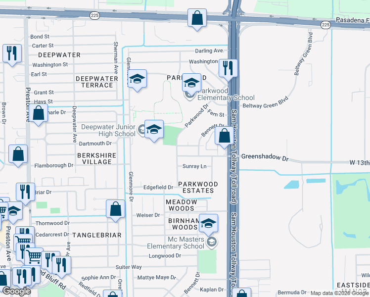 map of restaurants, bars, coffee shops, grocery stores, and more near 504 Garden Way Lane in Pasadena