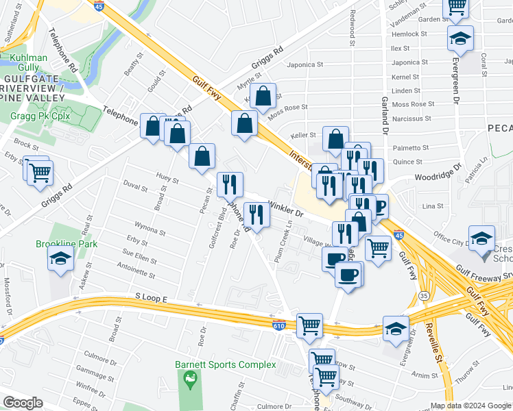 map of restaurants, bars, coffee shops, grocery stores, and more near 123 Winkler Drive in Houston