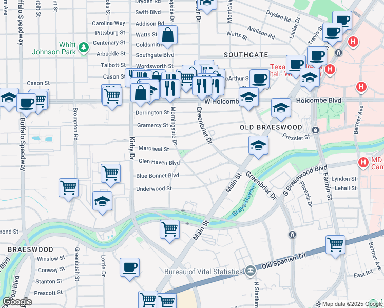 map of restaurants, bars, coffee shops, grocery stores, and more near 2342 Maroneal Street in Houston