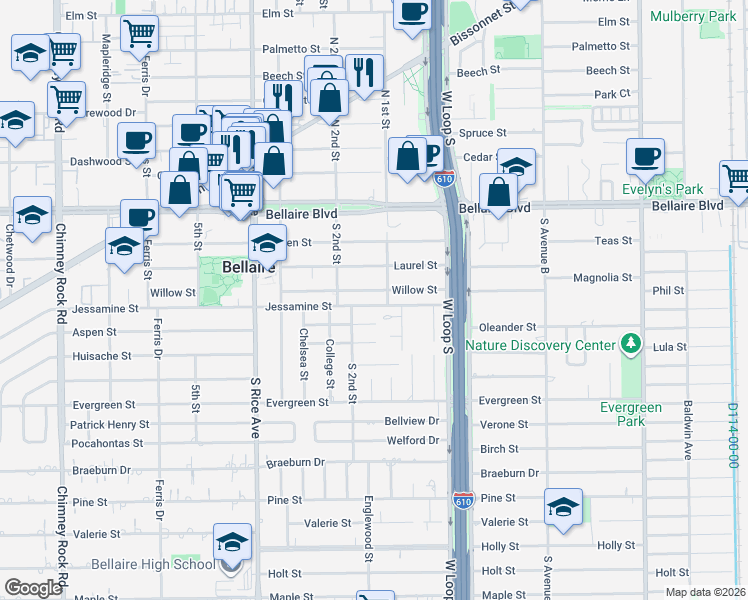 map of restaurants, bars, coffee shops, grocery stores, and more near 4808 Willow Street in Bellaire