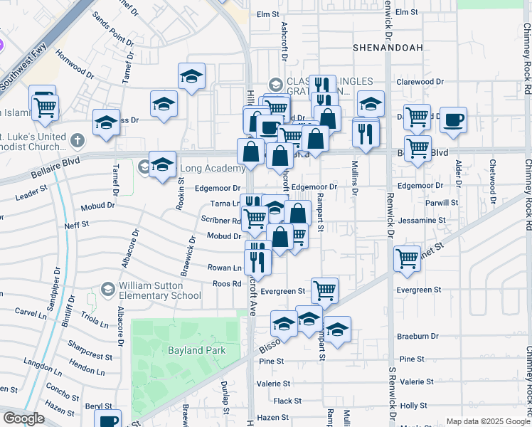 map of restaurants, bars, coffee shops, grocery stores, and more near 9 Edgemoor Drive in Houston