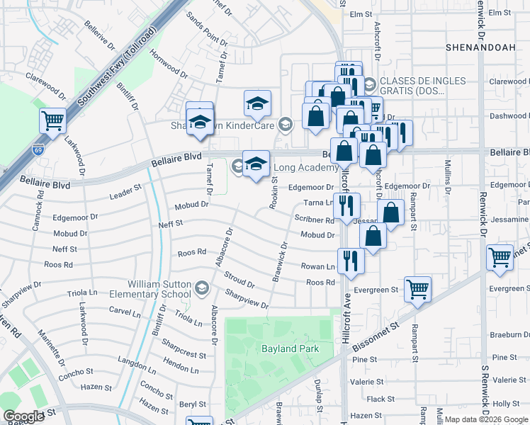 map of restaurants, bars, coffee shops, grocery stores, and more near 7010 Rookin Street in Houston