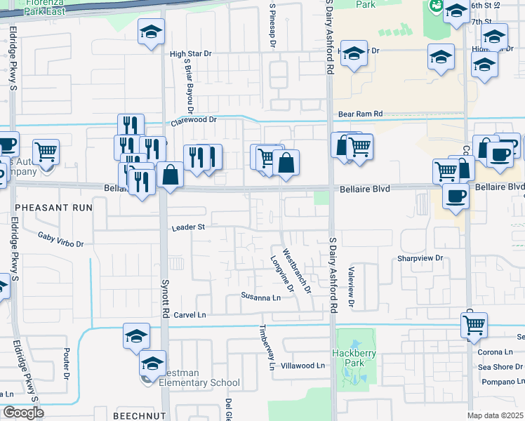 map of restaurants, bars, coffee shops, grocery stores, and more near 12809 Bellaire Boulevard in Houston