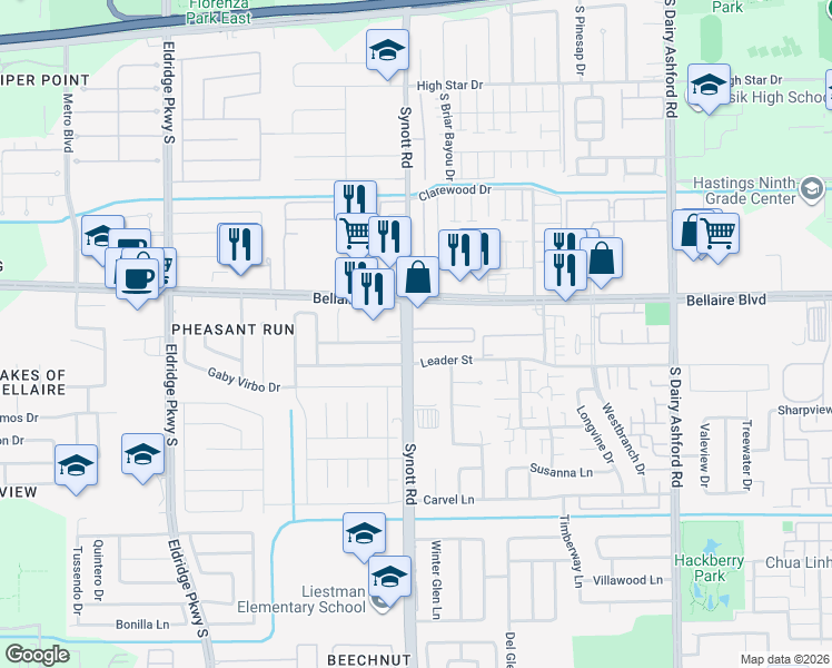 map of restaurants, bars, coffee shops, grocery stores, and more near in Houston