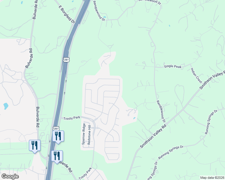 map of restaurants, bars, coffee shops, grocery stores, and more near 27227 Trinity Bend in San Antonio