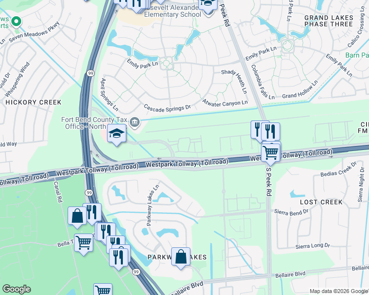 map of restaurants, bars, coffee shops, grocery stores, and more near 22101 Grand Corner Drive in Katy