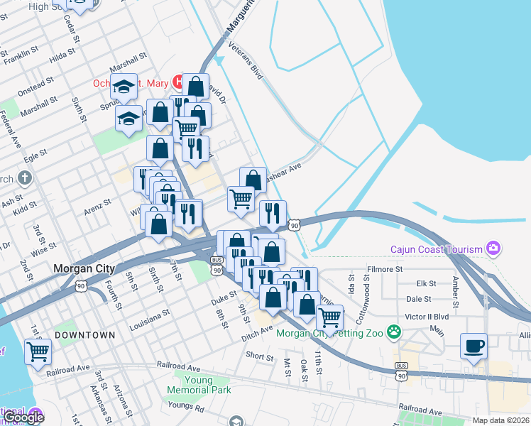 map of restaurants, bars, coffee shops, grocery stores, and more near 735 David Drive in Morgan City