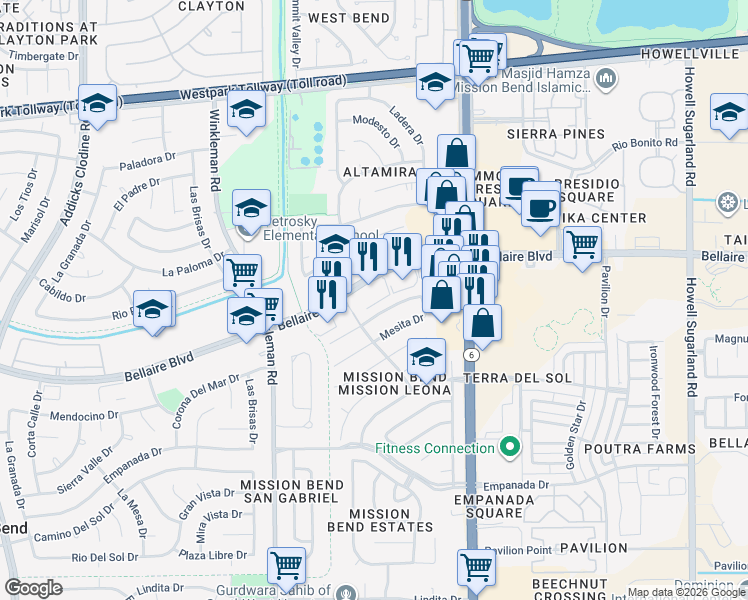 map of restaurants, bars, coffee shops, grocery stores, and more near 14639 Bellaire Boulevard in Houston