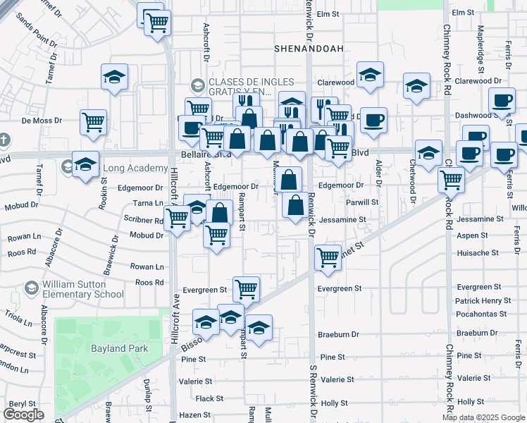 map of restaurants, bars, coffee shops, grocery stores, and more near 7108 Mullins Drive in Houston