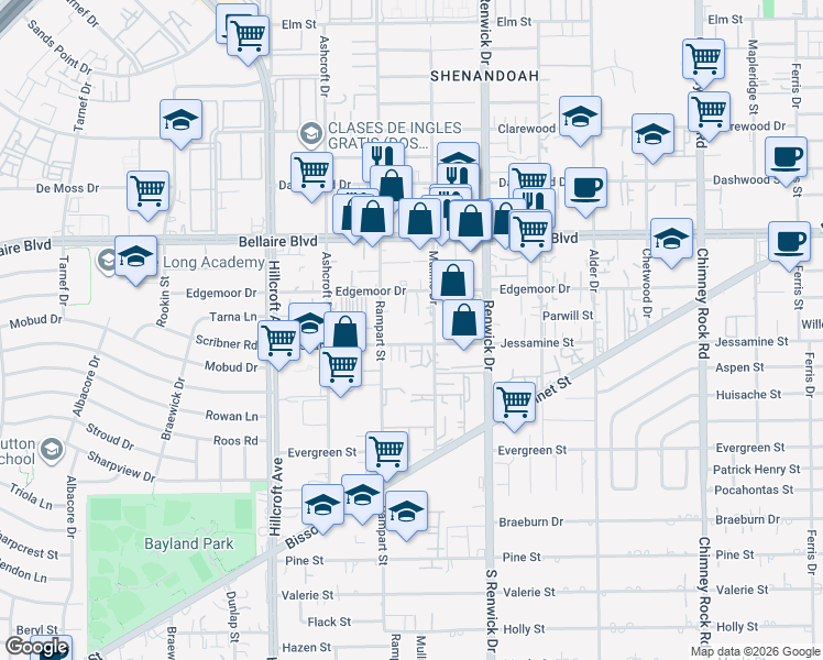 map of restaurants, bars, coffee shops, grocery stores, and more near 7108 Mullins Drive in Houston