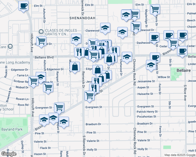 map of restaurants, bars, coffee shops, grocery stores, and more near 7015a Atwell Street in Houston