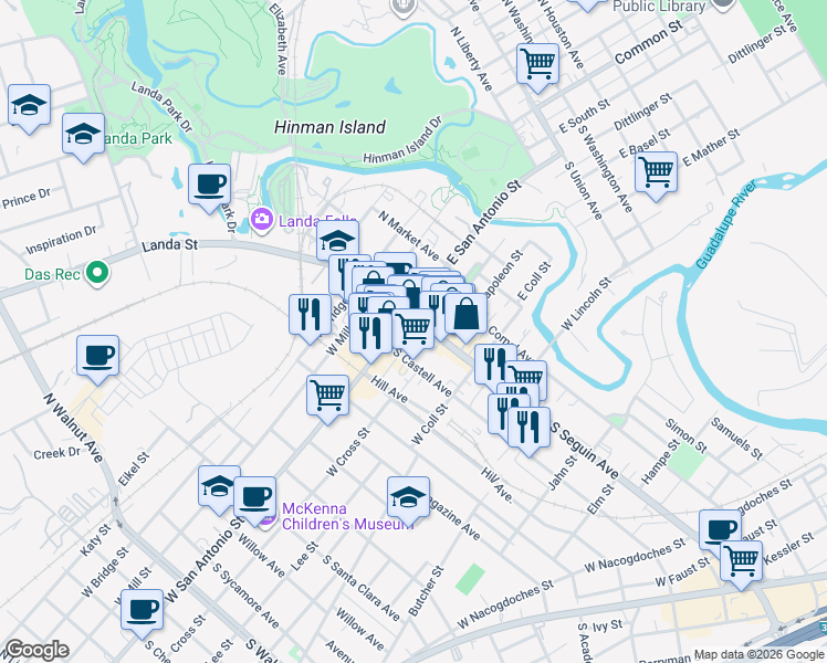 map of restaurants, bars, coffee shops, grocery stores, and more near in New Braunfels