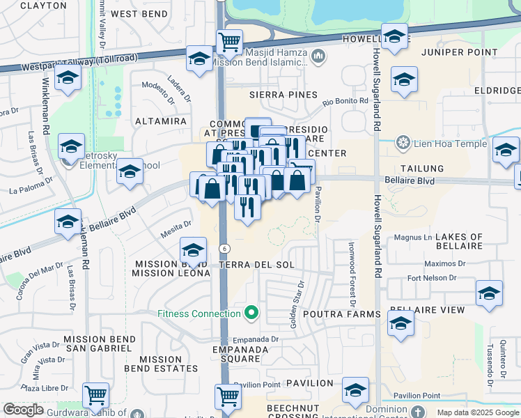 map of restaurants, bars, coffee shops, grocery stores, and more near 14451 Bellaire Boulevard in Houston