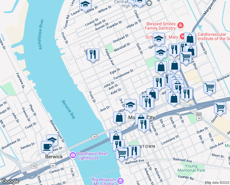 map of restaurants, bars, coffee shops, grocery stores, and more near 312 Ash Street in Morgan City