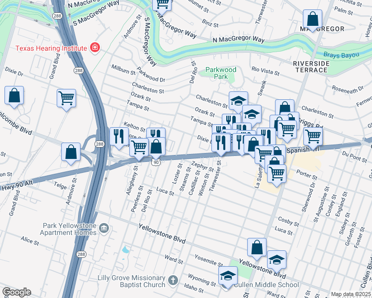 map of restaurants, bars, coffee shops, grocery stores, and more near 3560 Dixie Drive in Houston