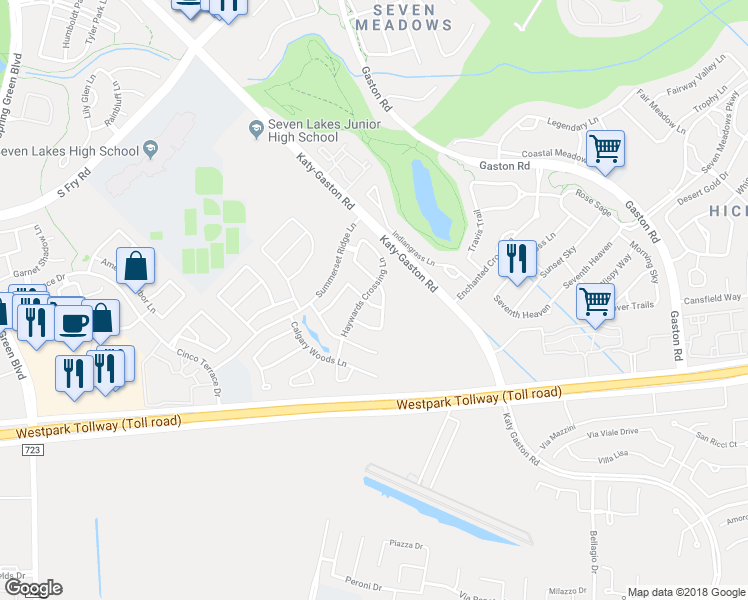 map of restaurants, bars, coffee shops, grocery stores, and more near 6407 Guilford Glen Lane in Katy