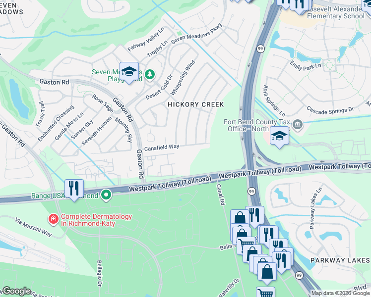map of restaurants, bars, coffee shops, grocery stores, and more near 6907 Glen Rosa Drive in Katy