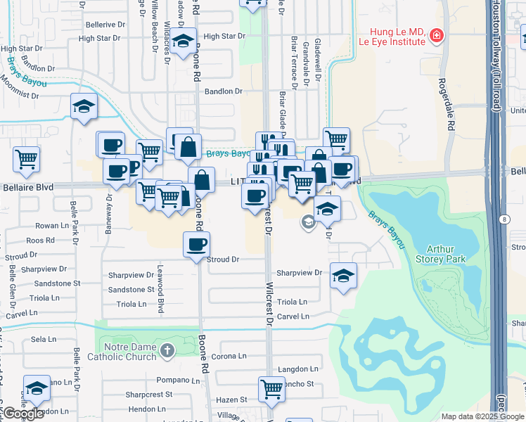 map of restaurants, bars, coffee shops, grocery stores, and more near 7003 Wilcrest Drive in Houston